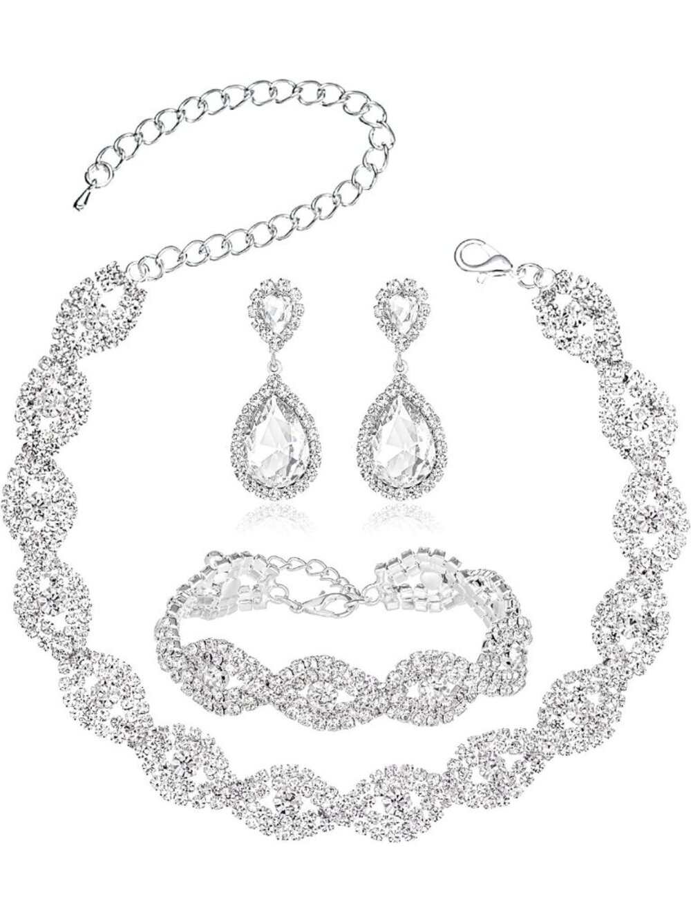 Elegant 3/4 Piece Women's Jewelry Set - Rhinestone Choker, Tiara, Bracelet